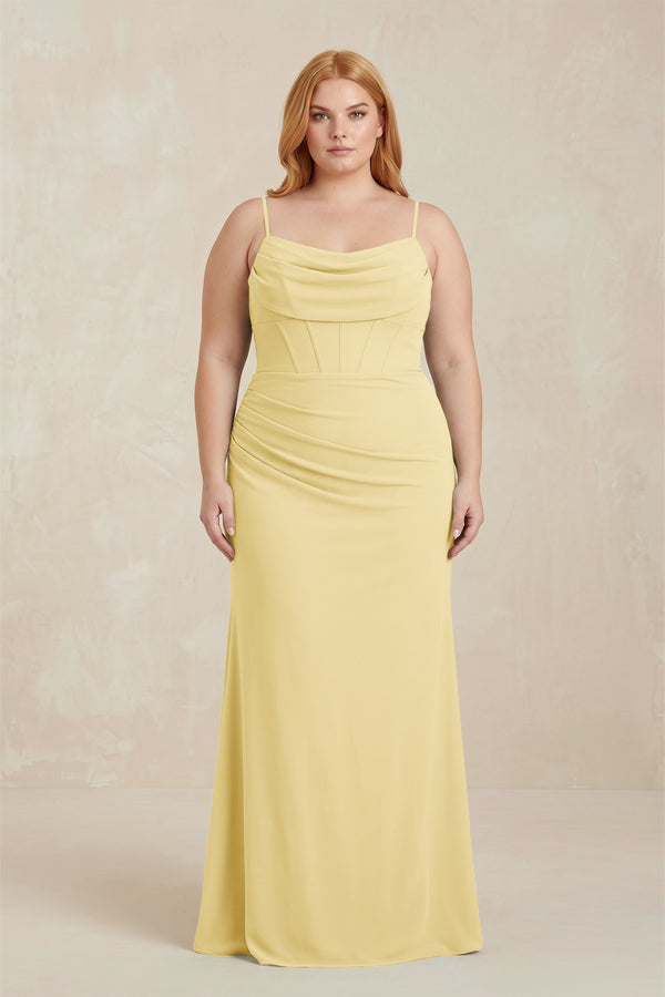 Pastel Yellow Cowl Neck Sheath Chiffon Bridesmaid Dress with Corset | KISSBRIDAL