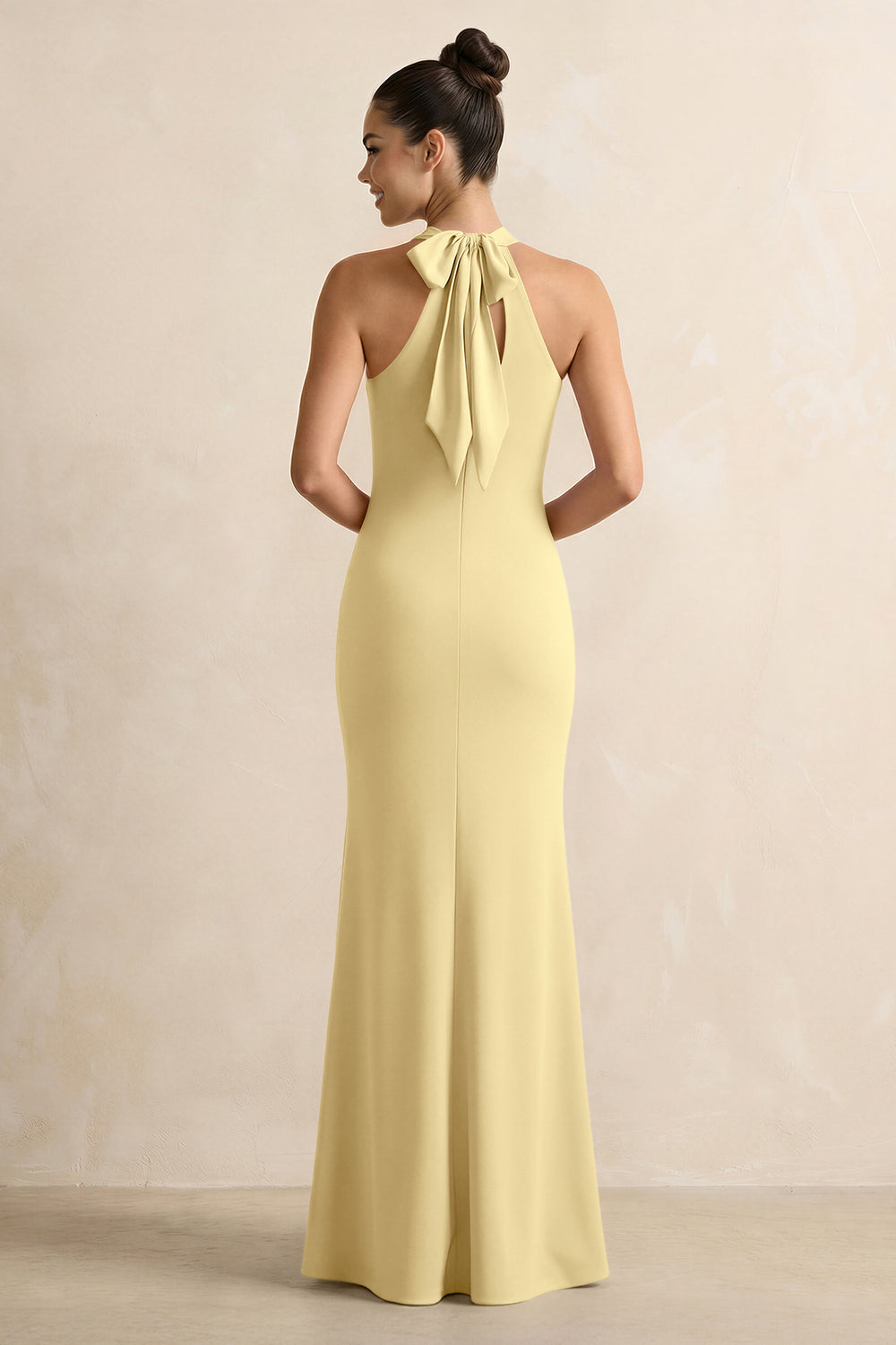 Crisscross Halter Sheath Satin Bridesmaid Dress with Bow in Pastel Yellow