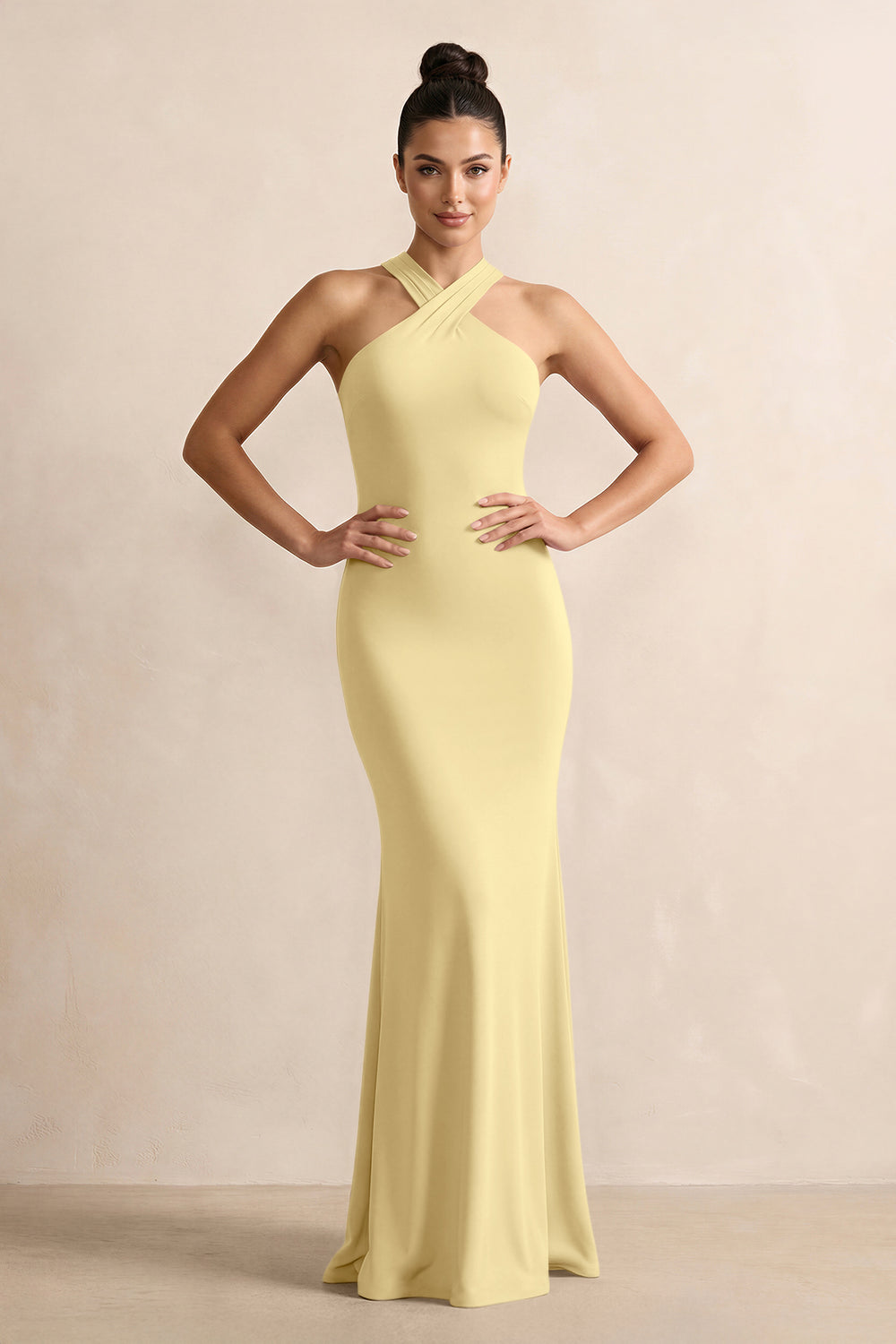 Crisscross Halter Sheath Satin Bridesmaid Dress with Bow in Pastel Yellow