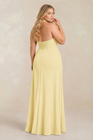 Pastel Yellow High Neck Chiffon Sheath Ruched Bridesmaid Dress (2) [sizeplus] | KISSBRIDAL