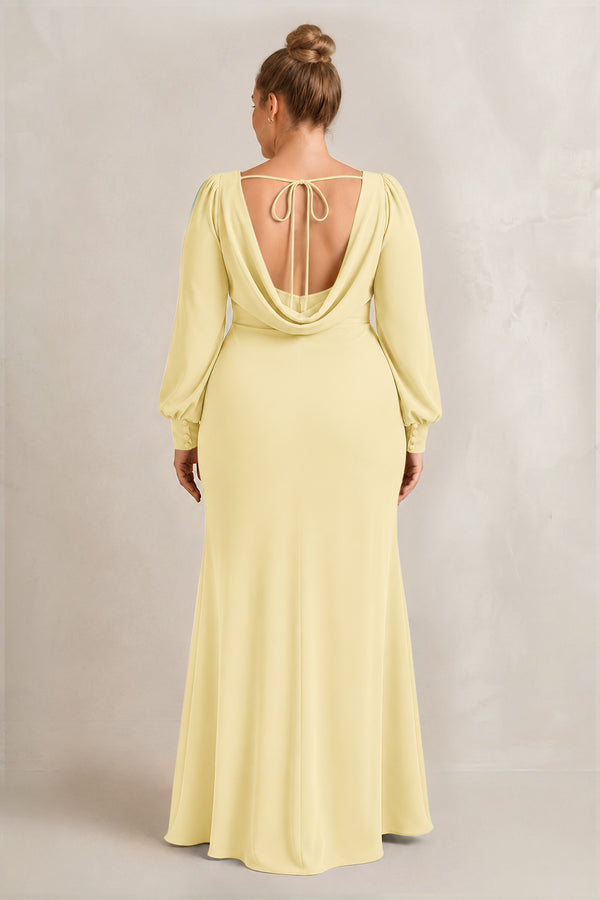 Pastel Yellow Long Sleeve V-Neck Sheath Chiffon Bridesmaid Dress (2) [sizeplus] | KISSBRIDAL