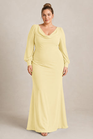 Pastel Yellow Long Sleeve V-Neck Sheath Chiffon Bridesmaid Dress [sizeplus] | KISSBRIDAL