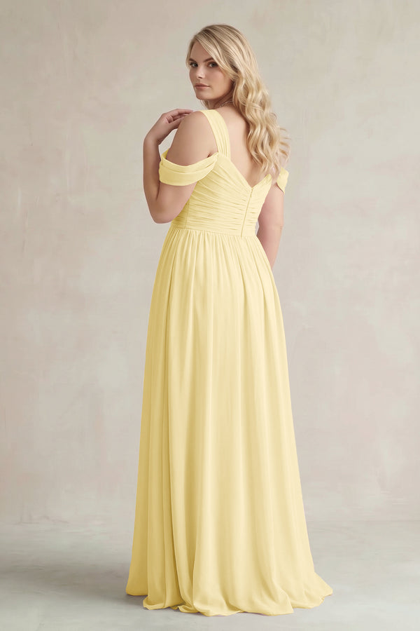 Pastel Yellow Off-the-Shoulder A-Line Chiffon Bridesmaid Dress With Slit (2) | KISSBRIDAL