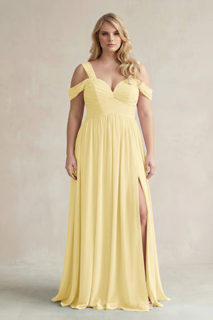 Pastel Yellow Off-the-Shoulder A-Line Chiffon Bridesmaid Dress With Slit | KISSBRIDAL