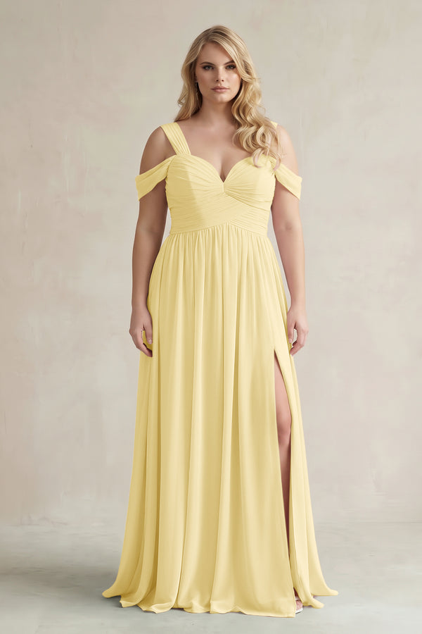 Pastel Yellow Off-the-Shoulder A-Line Chiffon Bridesmaid Dress With Slit | KISSBRIDAL
