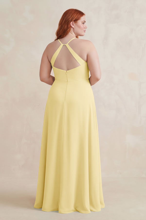 Pastel Yellow Ruched Sheath Chiffon Bridesmaid Dress (2) | KISSBRIDAL