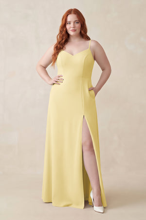 Pastel Yellow Ruched Sheath Chiffon Bridesmaid Dress | KISSBRIDAL