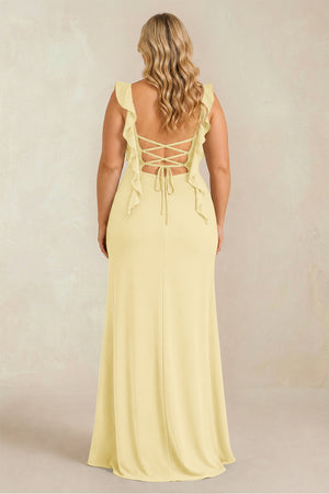 Pastel Yellow Ruffled Sleeve Ruched Sheath Chiffon Bridesmaid Dress (2) [sizeplus] | KISSBRIDAL