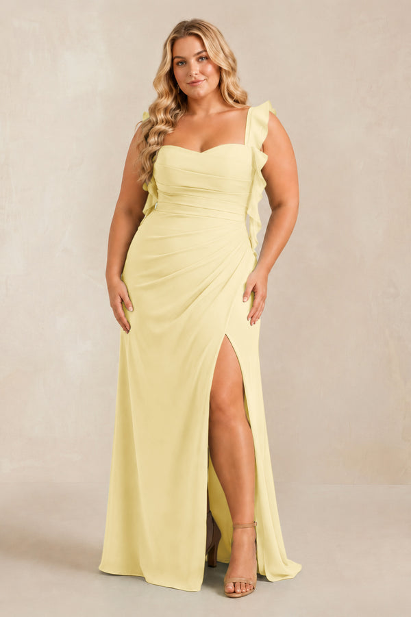 Pastel Yellow Ruffled Sleeve Ruched Sheath Chiffon Bridesmaid Dress [sizeplus] | KISSBRIDAL