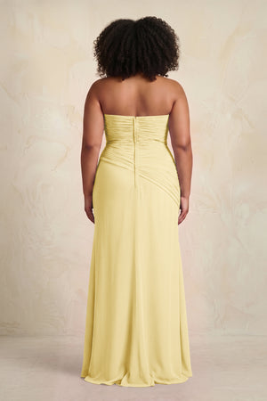 Pastel Yellow Sheath Chiffon Strapless Pleated Bridesmaid Dress (2) | KISSBRIDAL[sizeplus]