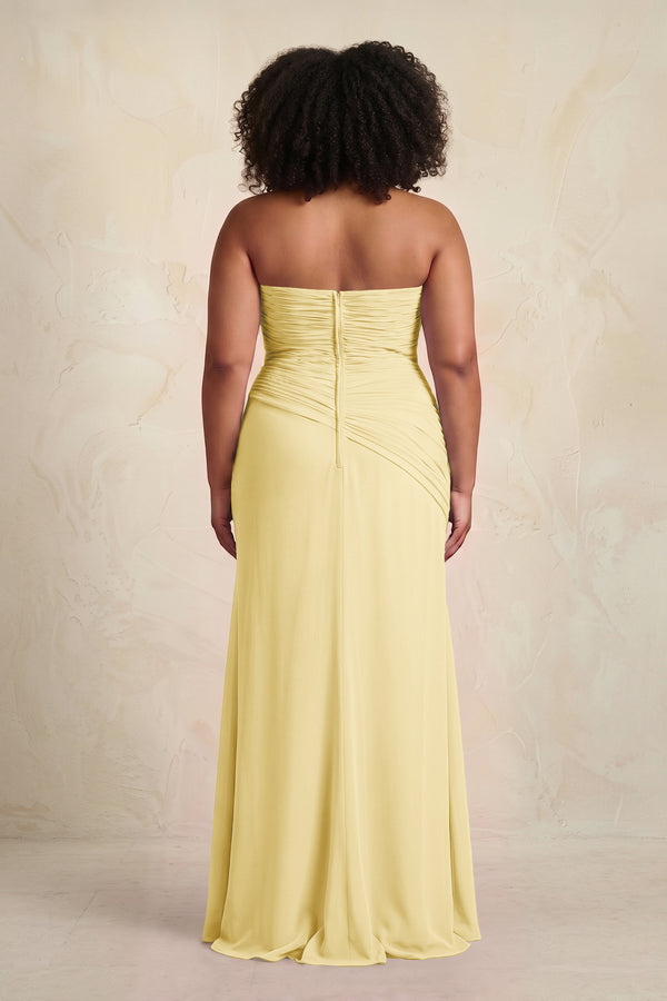 Pastel Yellow Sheath Chiffon Strapless Pleated Bridesmaid Dress (2) | KISSBRIDAL[sizeplus]