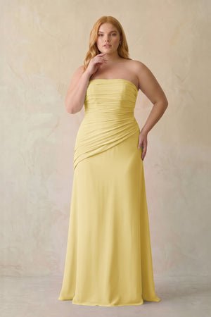 Pastel Yellow Sheath Chiffon Strapless Pleated Bridesmaid Dress (3) | KISSBRIDAL[sizeplus]