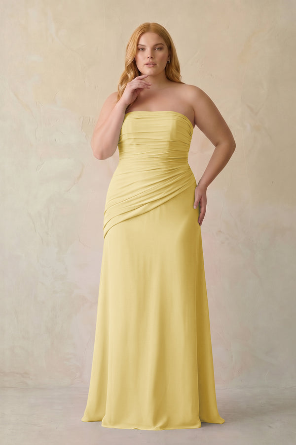 Pastel Yellow Sheath Chiffon Strapless Pleated Bridesmaid Dress (3) | KISSBRIDAL[sizeplus]