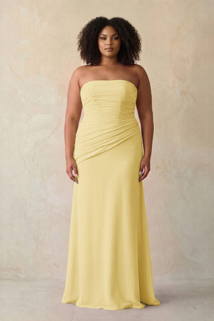 Pastel Yellow Sheath Chiffon Strapless Pleated Bridesmaid Dress | KISSBRIDAL[sizeplus]