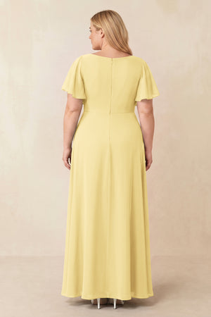 Pastel Yellow Short Sleeves Bateau A-Line Chiffon Bridesmaid Dress (2) [sizeplus] | KISSBRIDAL