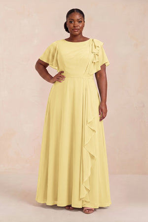 Pastel Yellow Short Sleeves Bateau A-Line Chiffon Bridesmaid Dress (3) [sizeplus] | KISSBRIDAL