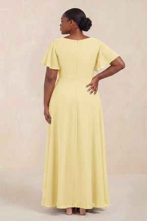 Pastel Yellow Short Sleeves Bateau A-Line Chiffon Bridesmaid Dress (4) [sizeplus] | KISSBRIDAL