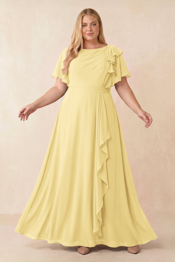 Pastel Yellow Short Sleeves Bateau A-Line Chiffon Bridesmaid Dress [sizeplus] | KISSBRIDAL