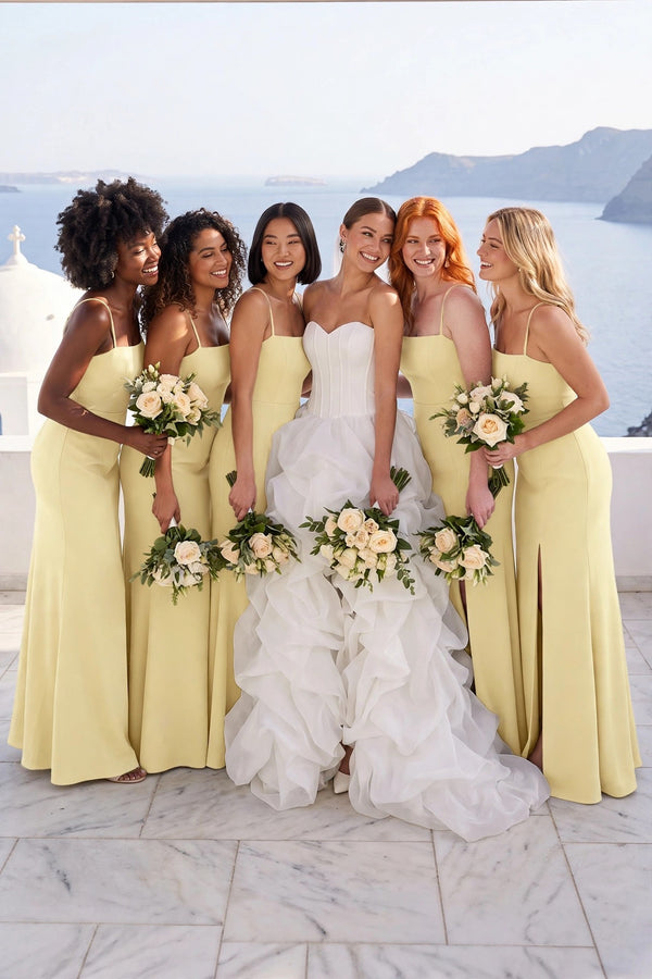 Pastel Yellow Spaghetti Straps Sheath Stain Bridesmaid Dress With Slit | KISSBRIDAL