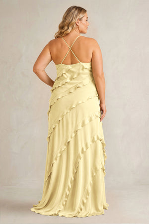 Pastel Yellow Spaghetti Straps Sheath Stain Ruffled Bridesmaid Dress (2) | KISSBRIDAL[sizeplus]