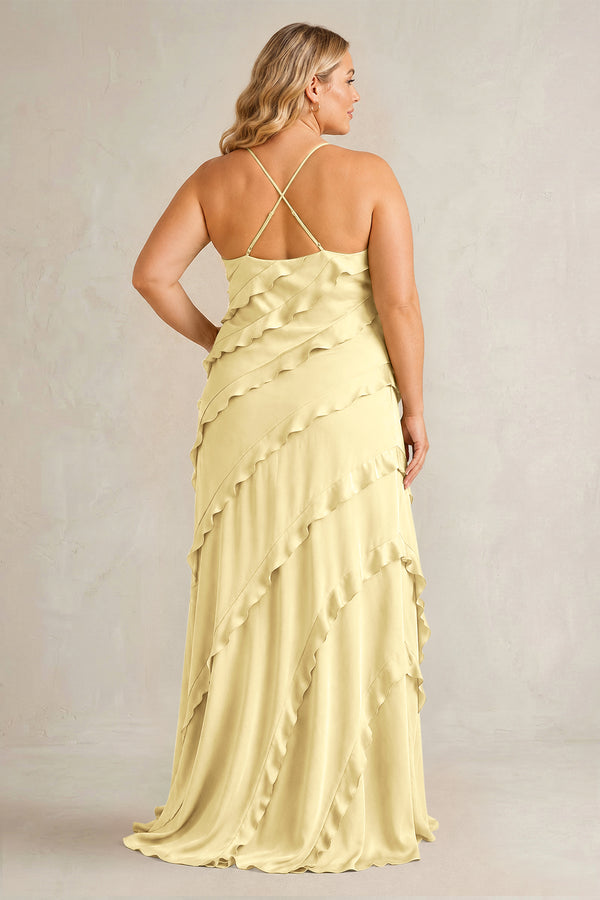Pastel Yellow Spaghetti Straps Sheath Stain Ruffled Bridesmaid Dress (2) | KISSBRIDAL[sizeplus]