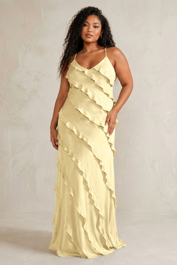 Pastel Yellow Spaghetti Straps Sheath Stain Ruffled Bridesmaid Dress (3) | KISSBRIDAL[sizeplus]
