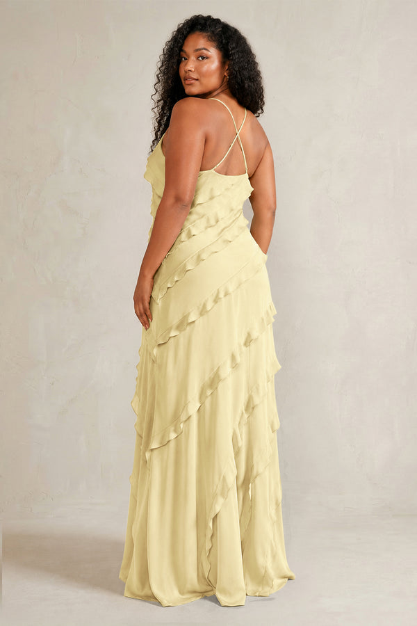 Pastel Yellow Spaghetti Straps Sheath Stain Ruffled Bridesmaid Dress (4) | KISSBRIDAL[sizeplus]