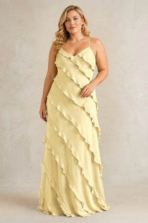 Pastel Yellow Spaghetti Straps Sheath Stain Ruffled Bridesmaid Dress | KISSBRIDAL[sizeplus]
