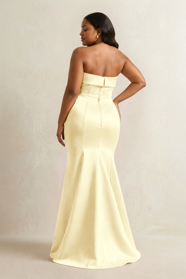 Pastel Yellow Strapless Satin Mermaid Bridesmaid Dress (4) [sizeplus] | KISSBRIDAL