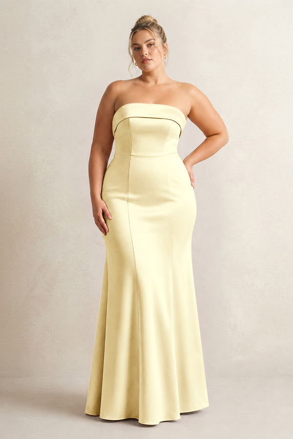 Pastel Yellow Strapless Satin Mermaid Bridesmaid Dress [sizeplus] | KISSBRIDAL