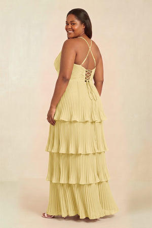 Pastel Yellow Tiered Pleated V-Neck A-Line Chiffon Bridesmaid Dress (2) [sizeplus] | KISSBRIDAL