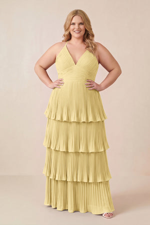 Pastel Yellow Tiered Pleated V-Neck A-Line Chiffon Bridesmaid Dress (3) [sizeplus] | KISSBRIDAL