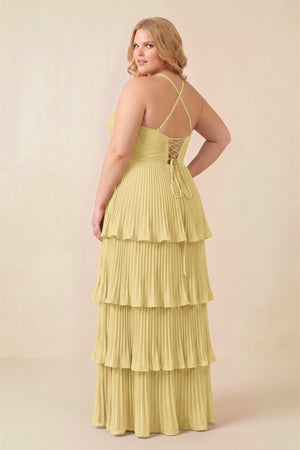 Pastel Yellow Tiered Pleated V-Neck A-Line Chiffon Bridesmaid Dress (4) [sizeplus] | KISSBRIDAL
