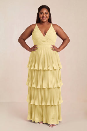Pastel Yellow Tiered Pleated V-Neck A-Line Chiffon Bridesmaid Dress [sizeplus] | KISSBRIDAL