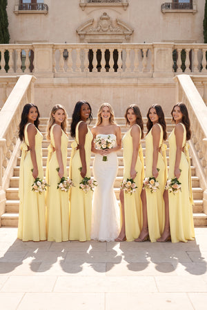 Pastel Yellow V-neck Sheath Satin Bridesmaid Dress With Back Bow | KISSBRIDAL