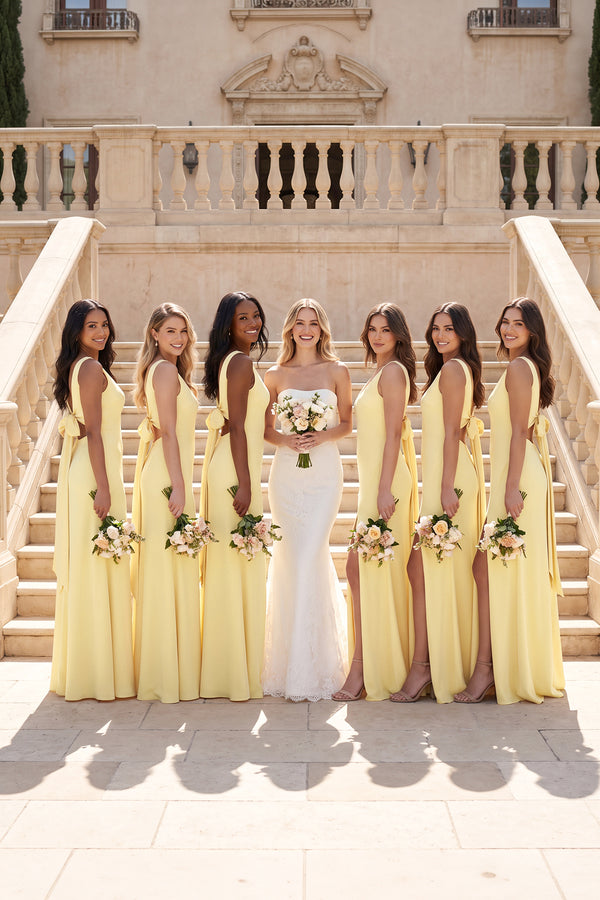 Pastel Yellow V-neck Sheath Satin Bridesmaid Dress With Back Bow | KISSBRIDAL