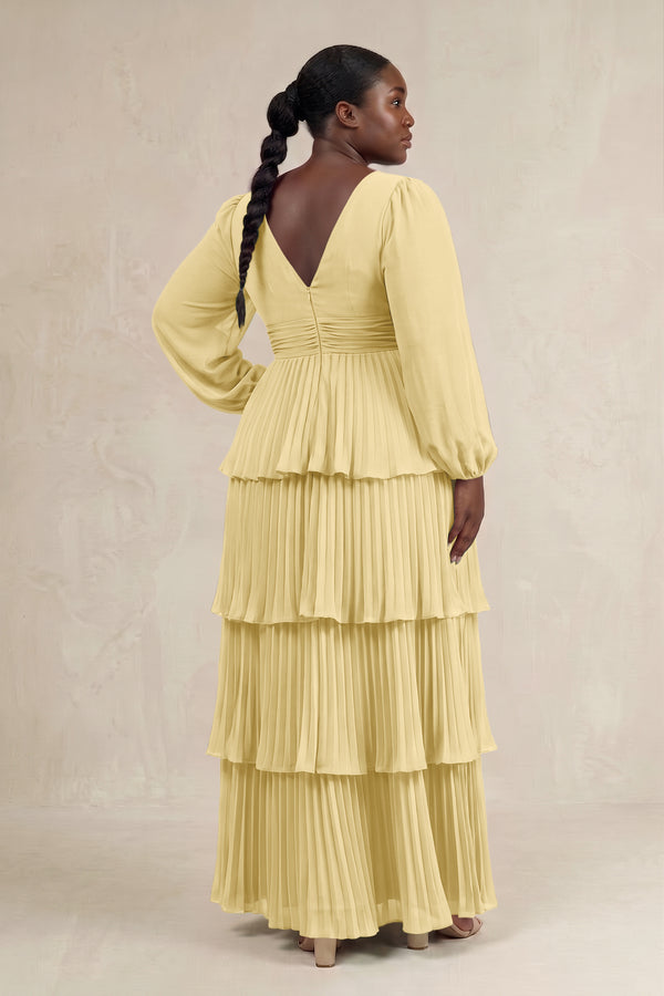 Pastel Yellow V-Neck Tiered A-Line Long Sleeve Bridesmaid Dress (2) [sizeplus] | KISSBRIDAL