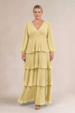 Pastel Yellow V-Neck Tiered A-Line Long Sleeve Bridesmaid Dress (3) [sizeplus] | KISSBRIDAL