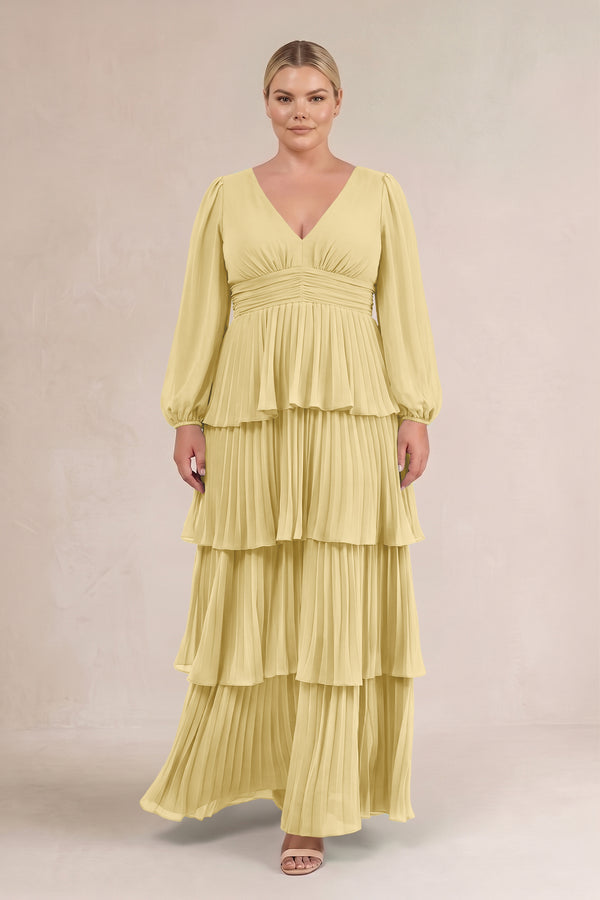 Pastel Yellow V-Neck Tiered A-Line Long Sleeve Bridesmaid Dress (3) [sizeplus] | KISSBRIDAL