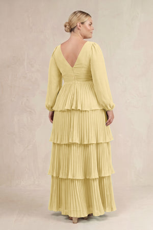 Pastel Yellow V-Neck Tiered A-Line Long Sleeve Bridesmaid Dress (4) [sizeplus] | KISSBRIDAL