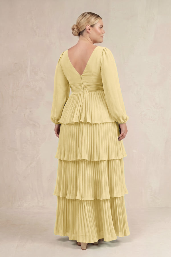 Pastel Yellow V-Neck Tiered A-Line Long Sleeve Bridesmaid Dress (4) [sizeplus] | KISSBRIDAL