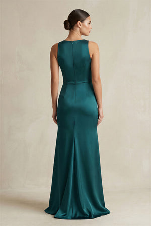 Peacock Ruffled Sheath V-Neck Pleated Bridesmaid Dress with Slit (2) | KISSBRIDAL
