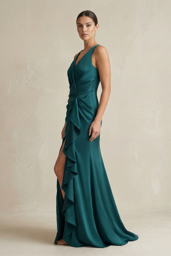 Peacock Ruffled Sheath V-Neck Pleated Bridesmaid Dress with Slit (3) | KISSBRIDAL