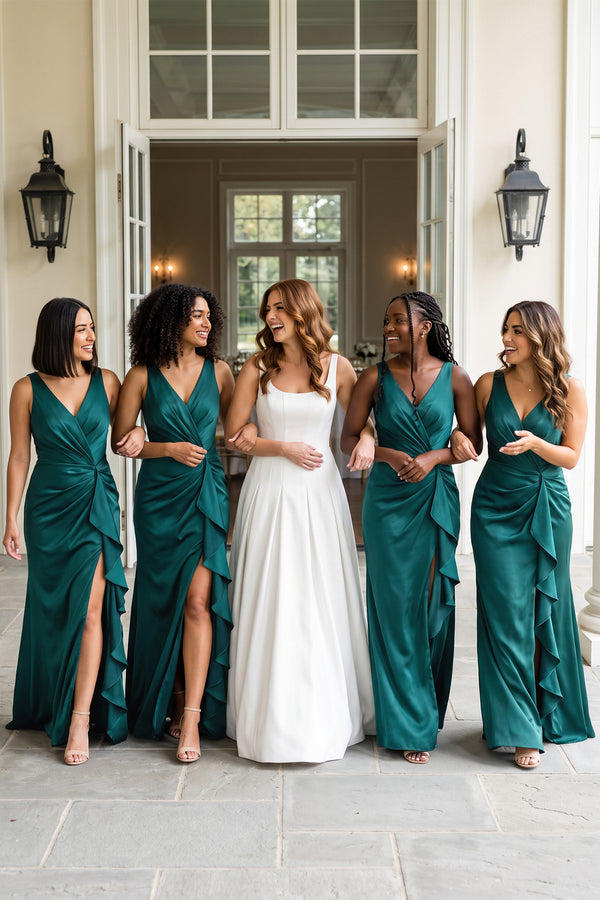 Peacock Ruffled Sheath V-Neck Pleated Bridesmaid Dress with Slit (5) | KISSBRIDAL
