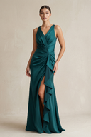 Peacock Ruffled Sheath V-Neck Pleated Bridesmaid Dress with Slit | KISSBRIDAL