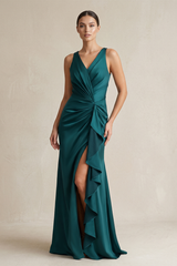 Peacock Ruffled Sheath V-Neck Pleated Bridesmaid Dress with Slit | KISSBRIDAL
