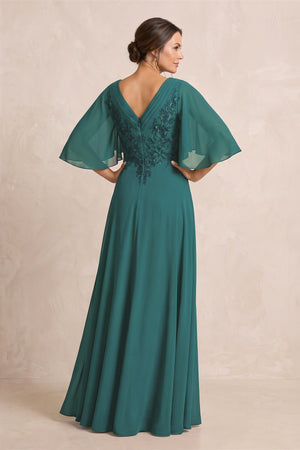 Peacock Teal A-Line Embroidered Chiffon Mother of the Bride Dress With Sleeves (2) | KISSBRIDAL
