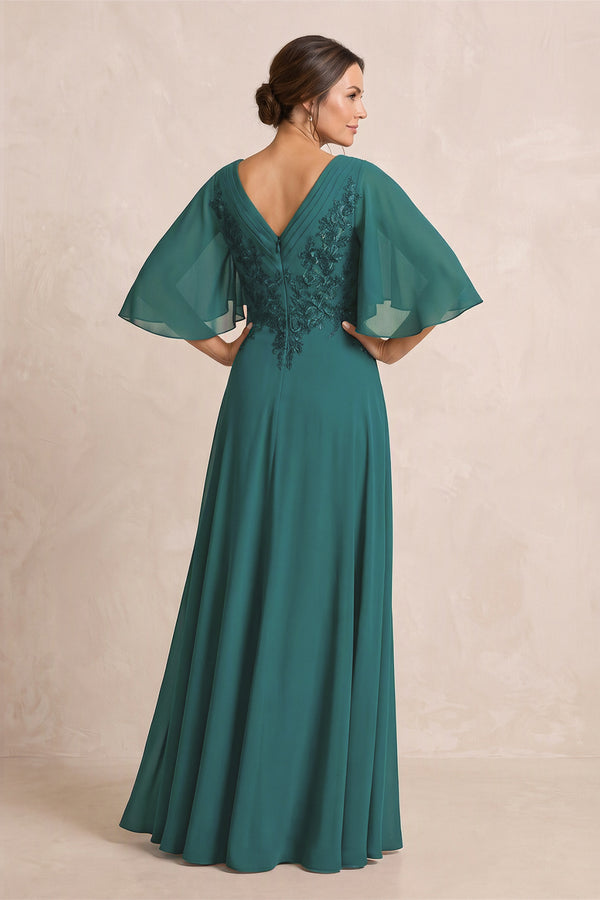 Peacock Teal A-Line Embroidered Chiffon Mother of the Bride Dress With Sleeves (2) | KISSBRIDAL