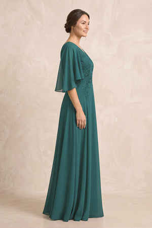 Peacock Teal A-Line Embroidered Chiffon Mother of the Bride Dress With Sleeves (3) | KISSBRIDAL