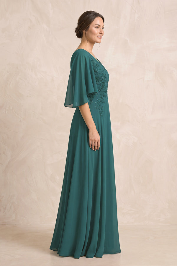 Peacock Teal A-Line Embroidered Chiffon Mother of the Bride Dress With Sleeves (3) | KISSBRIDAL